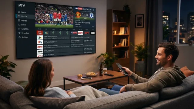Sports streaming: couple on a sofa watching football with a channel guide on screen