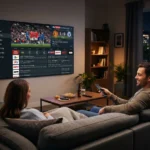IPTV buffering: couple on a sofa watching football with a channel guide on screen