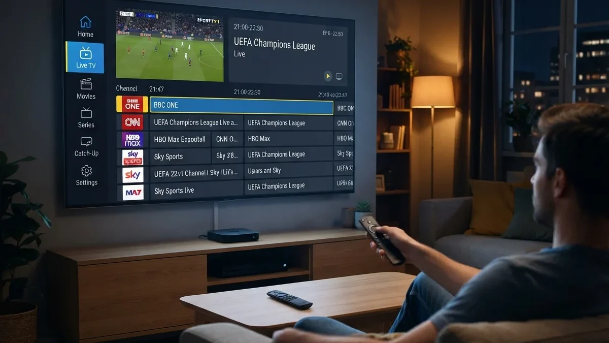 Multicast vs unicast: viewer watching a football guide screen in the evening with a city view through the window