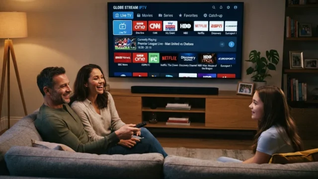 Future of TV delivery: family relaxing on a sofa in front of a TV showing a grid of channels