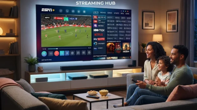 Low-latency live streaming: family watching football on a large TV showing a streaming hub interface