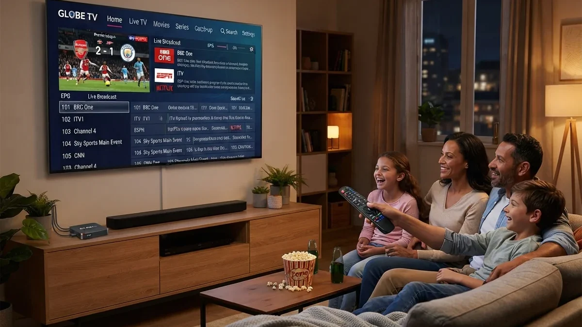 Parental controls: family on a sofa with popcorn watching a TV that shows a channel guide