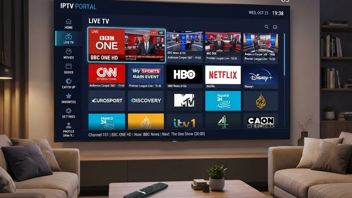 Operation Switch Off: large TV in a living room displaying an IPTV portal with rows of channel tiles