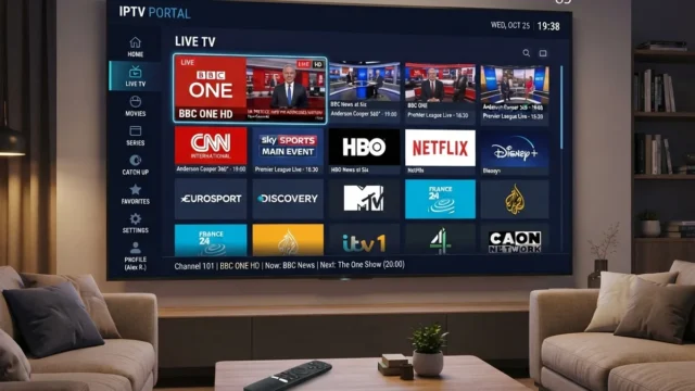 Operation Switch Off: large TV in a living room displaying an IPTV portal with rows of channel tiles