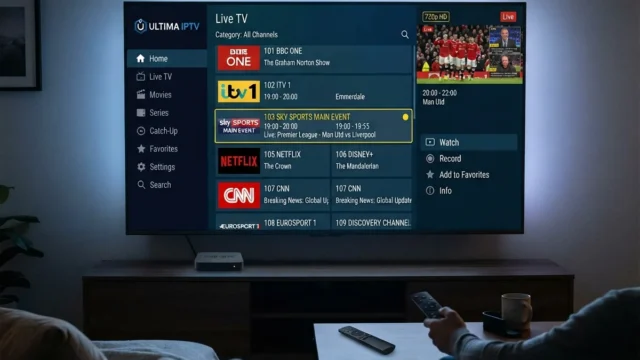 FAST channels: tV menu listing live channels and categories in a dark living room