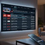 EPG not loading: wall-mounted TV showing a live channel guide in a dim living room, with a remote on the coffee table