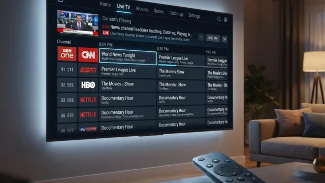 EPG not loading: wall-mounted TV showing a live channel guide in a dim living room, with a remote on the coffee table