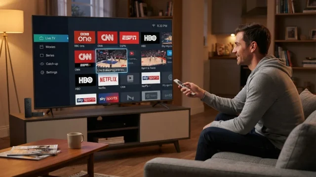 Streaming app crashing: man on a sofa browsing a grid of channel logos on a TV