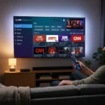 Is IPTV legal: man on a sofa using a remote to browse a grid of streaming channels on a backlit TV