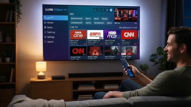 Is IPTV legal: man on a sofa using a remote to browse a grid of streaming channels on a backlit TV