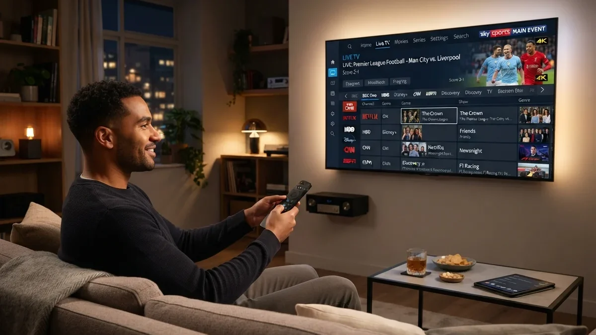 HDMI-CEC: man on a sofa holding a remote with sports on a backlit TV
