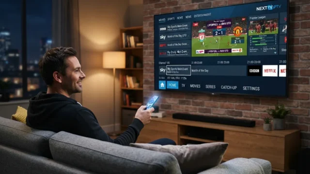 Ethernet for streaming: smiling man using a remote in front of a TV on a brick wall showing a sports menu