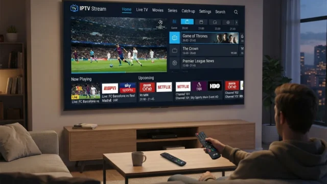 Network TV tuners: man watching a football match on a TV with a channel guide overlay