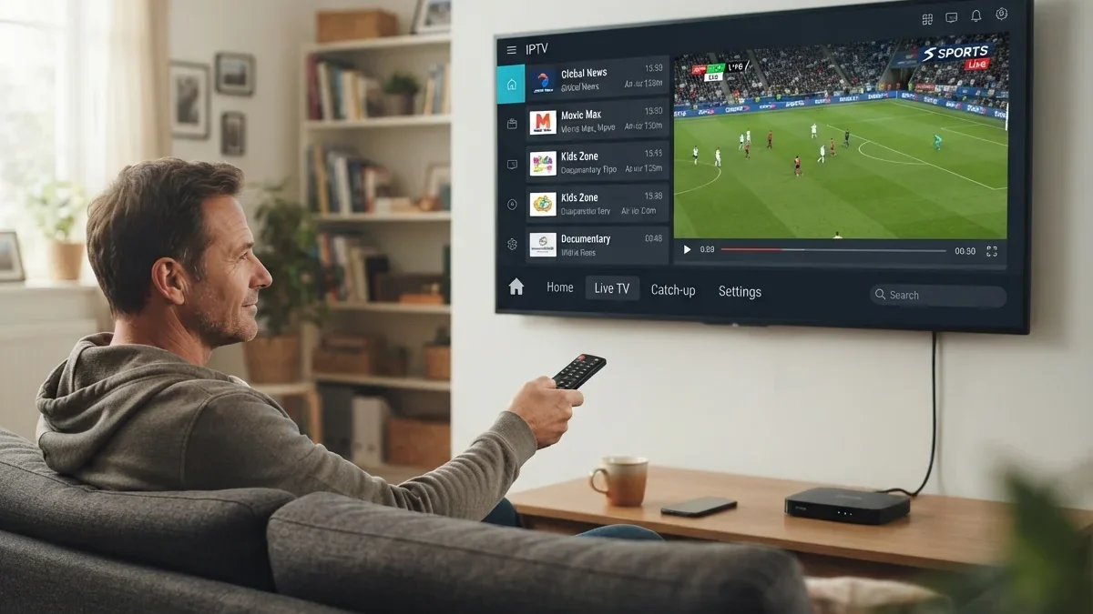 Fire TV: man pointing a remote at a wall-mounted TV showing football, with a set-top box on the shelf below