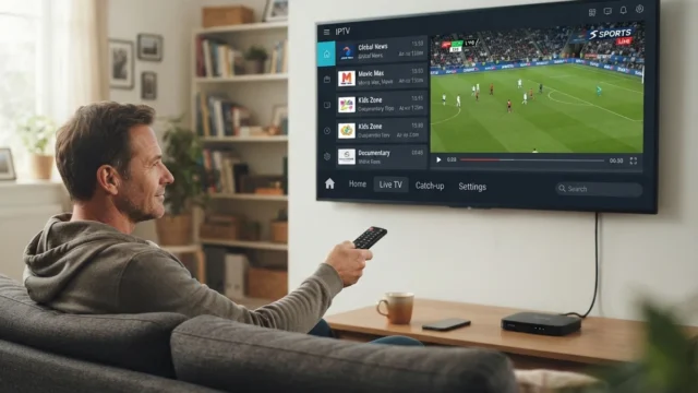Fire TV: man pointing a remote at a wall-mounted TV showing football, with a set-top box on the shelf below