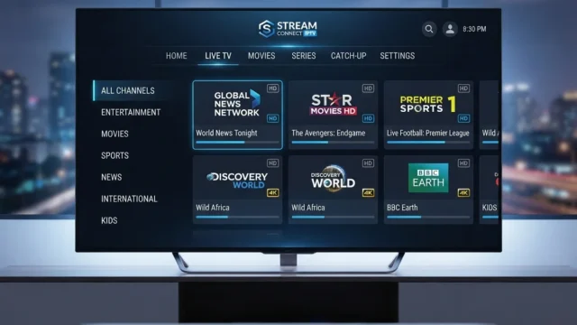 HLS vs MPEG-DASH: modern room with a TV showing a streaming menu of channel categories