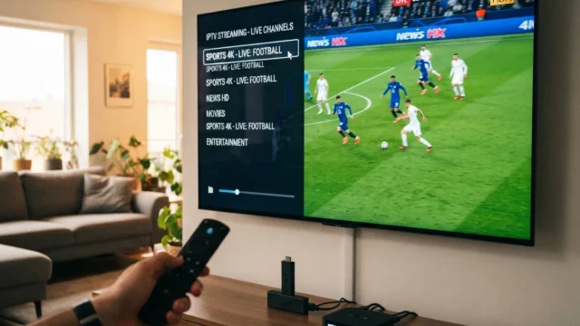 Video codecs: hand pointing a remote at a TV streaming a football match in 4K, with a streaming box below the screen