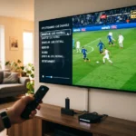 World Cup illegal streaming: hand pointing a remote at a TV streaming a football match in 4K, with a streaming box below the screen