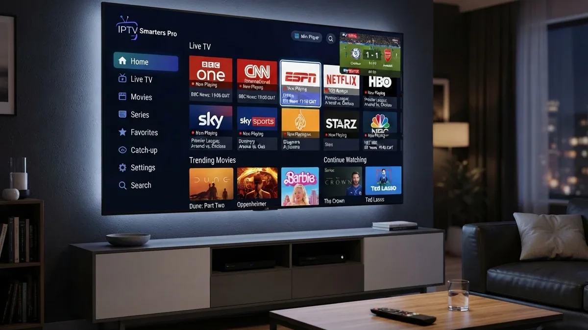 IPTV vs OTT: tV showing streaming app tiles and channel logos, with a viewer seen from behind