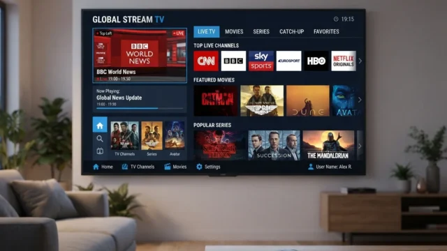 JustWatch TV: tV displaying a streaming interface with live channels and featured movies
