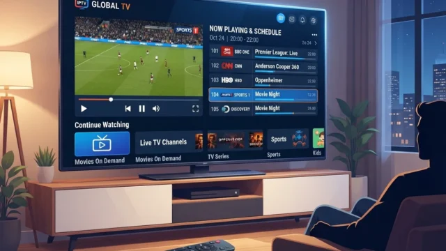 Live TV streaming services: tV showing a football match next to a now-playing schedule panel