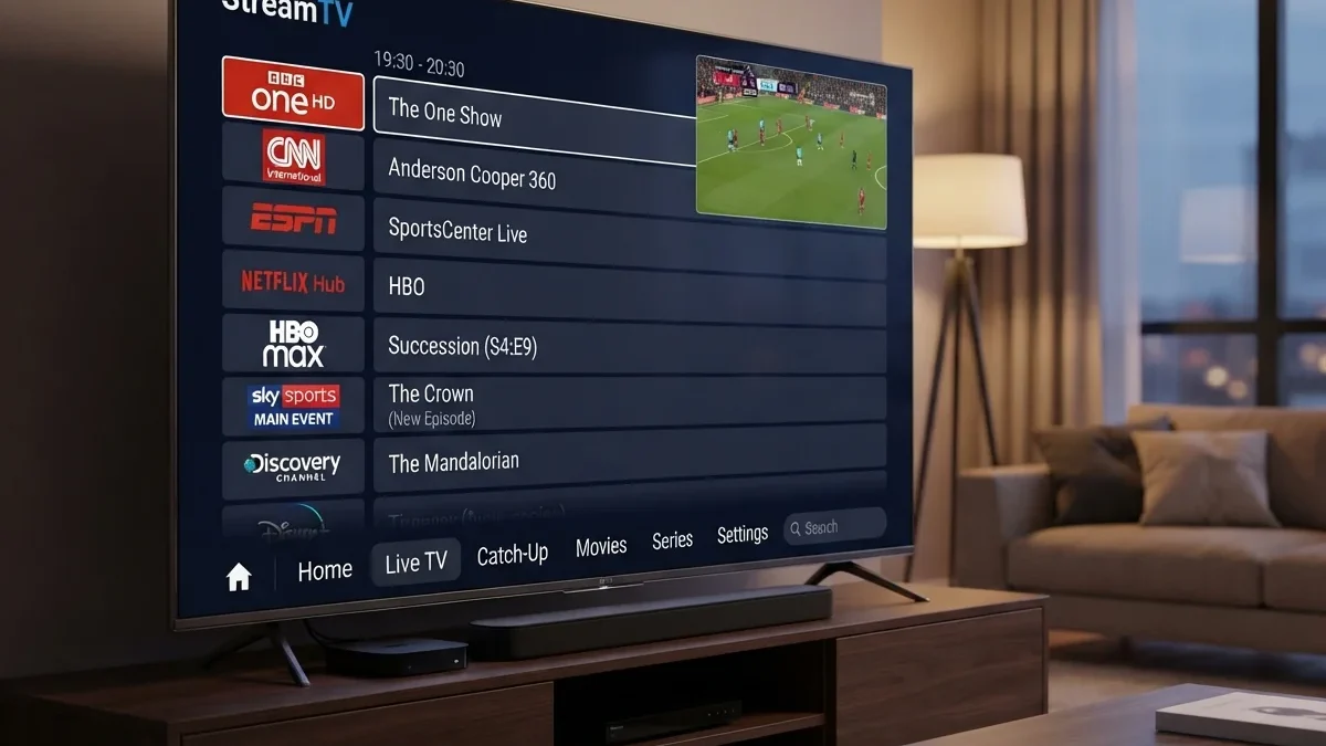 DRM: tV programme guide listing channels with a football match preview