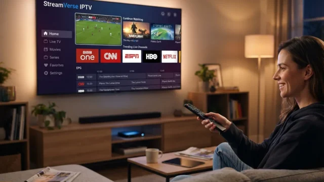 Out of sync: woman smiling while watching a sports channel with an on-screen guide