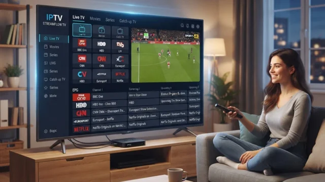 IPTV player app: woman with a remote watching football on a TV with an on-screen channel guide